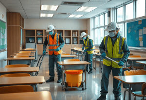 A professional cleaning team providing Professional School Cleaning Services, sanitizing classrooms, desks, and hallways using eco-friendly cleaning solutions and equipment.