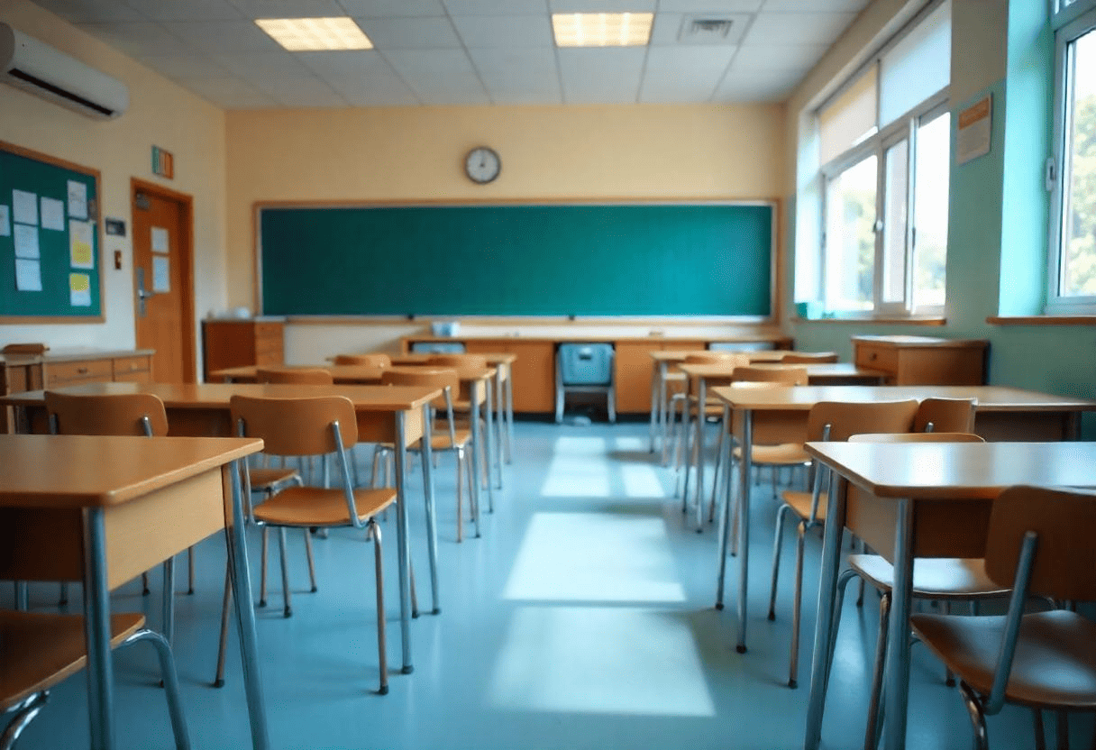 A spotless classroom after Professional School Cleaning Services, with sanitized desks, clean floors, and disinfected high-touch areas, creating a safer learning environment.