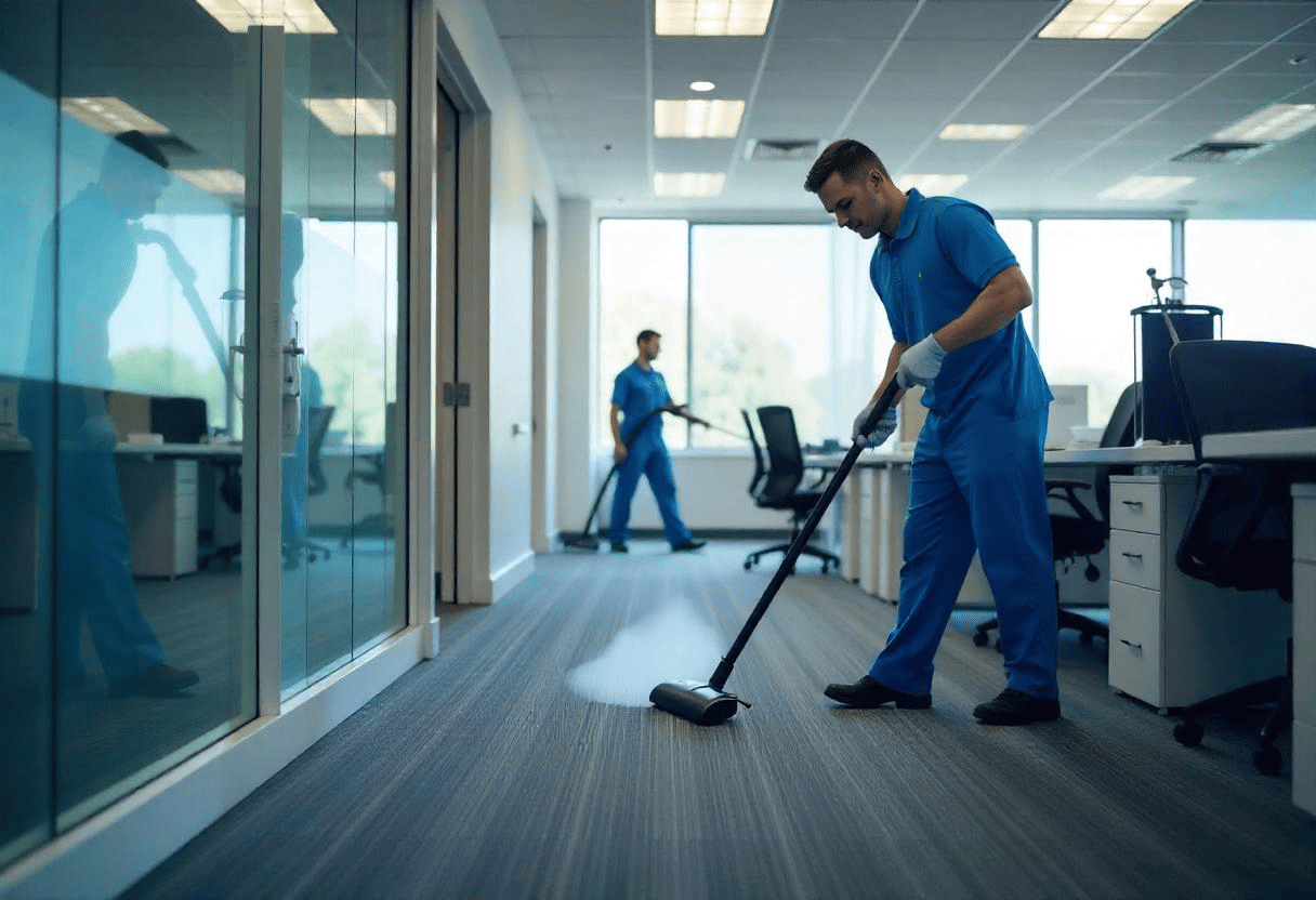 A professional cleaning team providing Office Deep Cleaning Services, thoroughly cleaning carpets, desks, and high-touch surfaces in a Pennsylvania office.