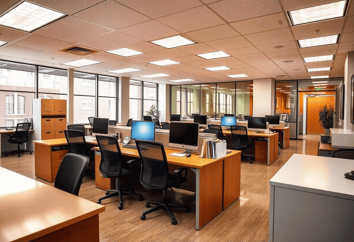 A pristine office after Office Deep Cleaning Services, showcasing polished floors, organized desks, and disinfected workstations for a cleaner, healthier workspace.