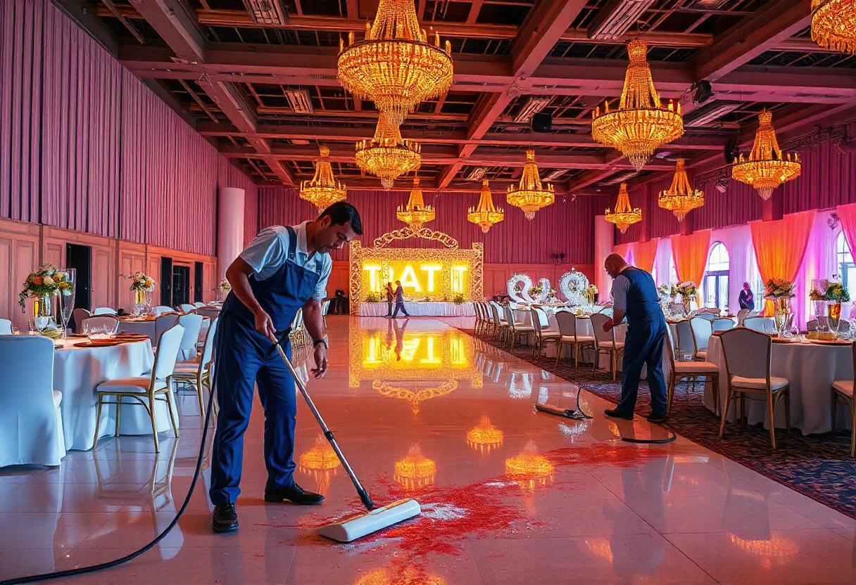 A professional cleaning team providing event venue cleaning services, preparing a large event space for an upcoming event. The team is cleaning the floors, dusting decorations, wiping down tables, and arranging chairs. The venue is beautifully set up, with elegant lighting, and the atmosphere conveys meticulous preparation and attention to detail to ensure a flawless event.
