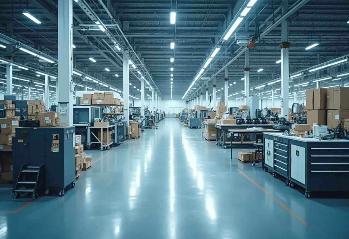 A pristine Pennsylvania manufacturing facility after a deep cleaning, with polished floors, spotless machinery, and organized workspaces. The environment is clean, safe, and optimized for productivity, reflecting the benefits of comprehensive manufacturing cleaning services that transform the space for efficiency and safety.