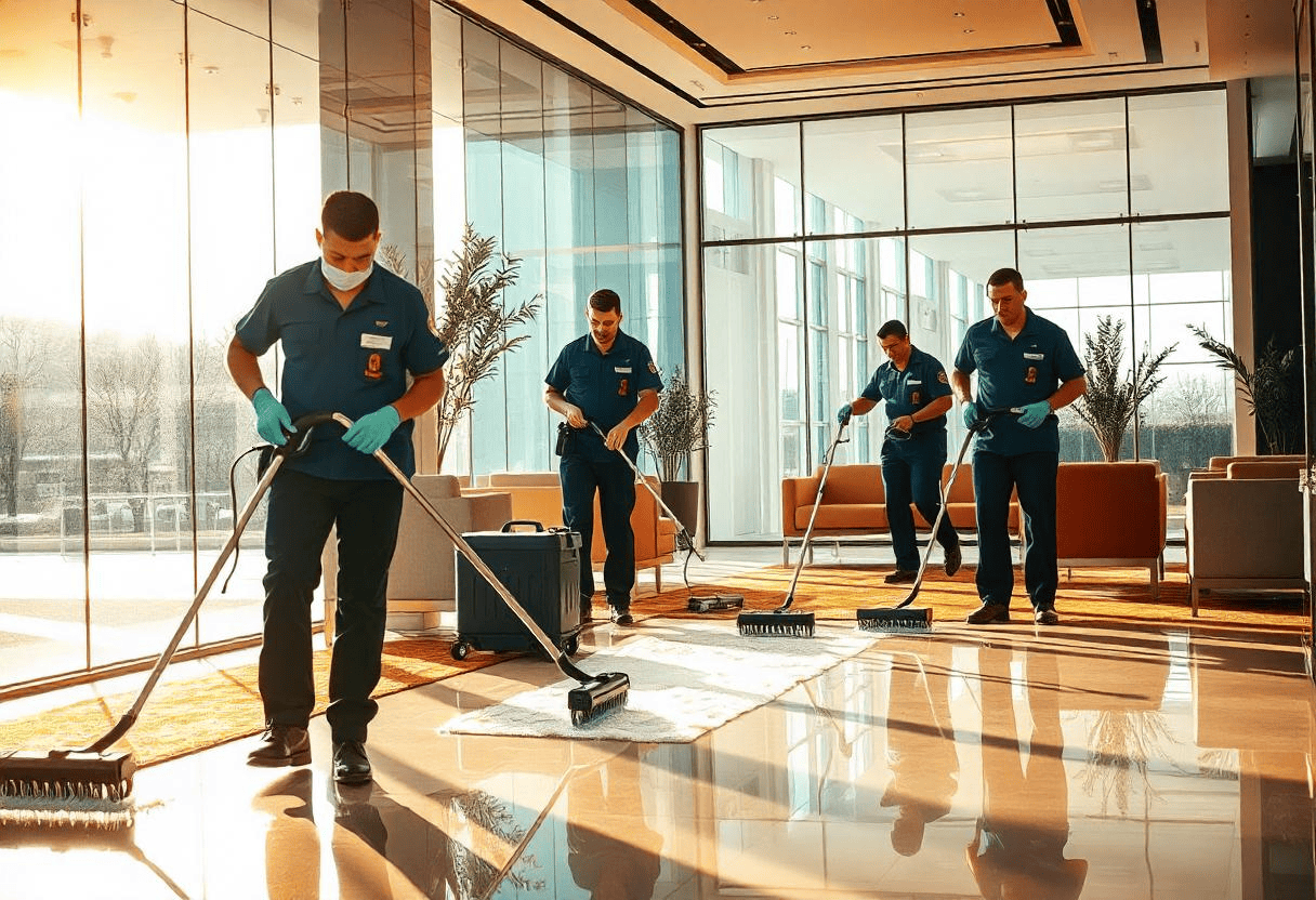 Professional cleaning team providing Commercial Building Cleaning Services in a modern office lobby, showcasing efficient use of industrial cleaning equipment and attention to detail.