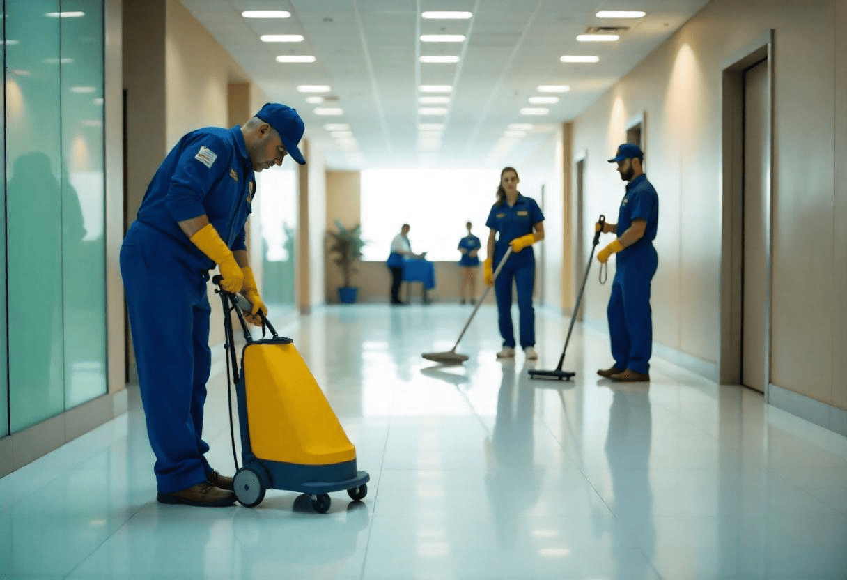 A professional team from Commercial Janitorial Companies Near Me cleaning a modern office building, using advanced equipment to ensure spotless floors and surfaces.