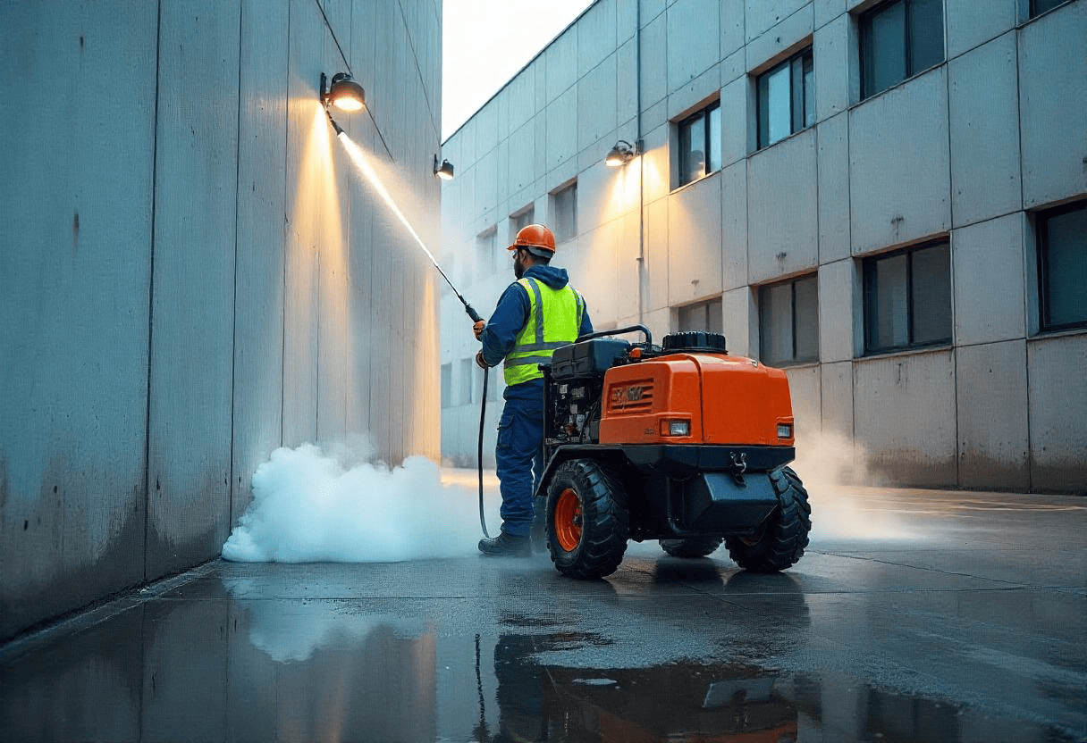 A professional using one of the best Commercial Power Washing Machines Near Me to clean a building exterior, with a powerful water jet removing dirt and grime effectively.