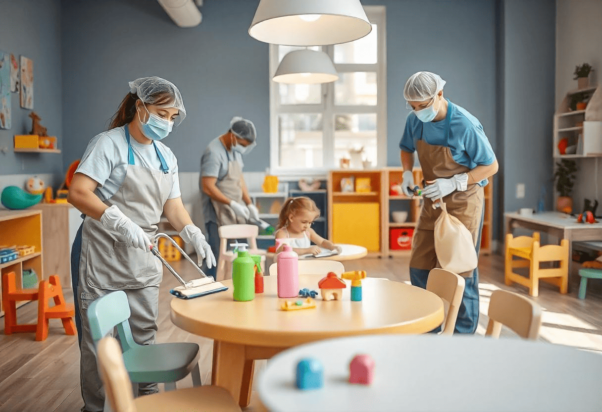 A professional team providing Professional Daycare Cleaning Services, sanitizing toys, tables, and play areas in a daycare center using child-safe, eco-friendly products.