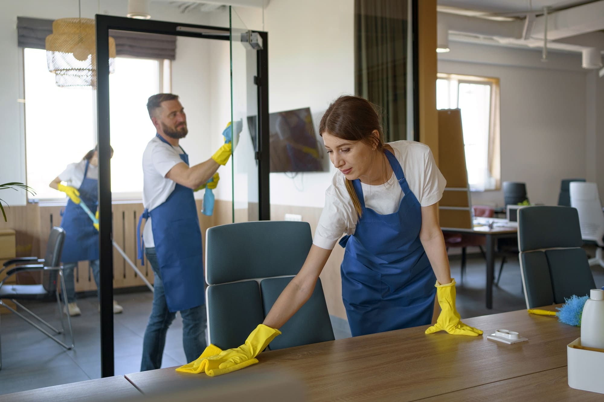A photo of a professional cleaning team working in an office, perhaps sanitizing desks, vacuuming carpets, or cleaning high-touch areas like doorknobs and light switches.