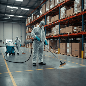 Industrial cleaning near me with expert janitorial staff using advanced cleaning equipment for a spotless and compliant workspace.