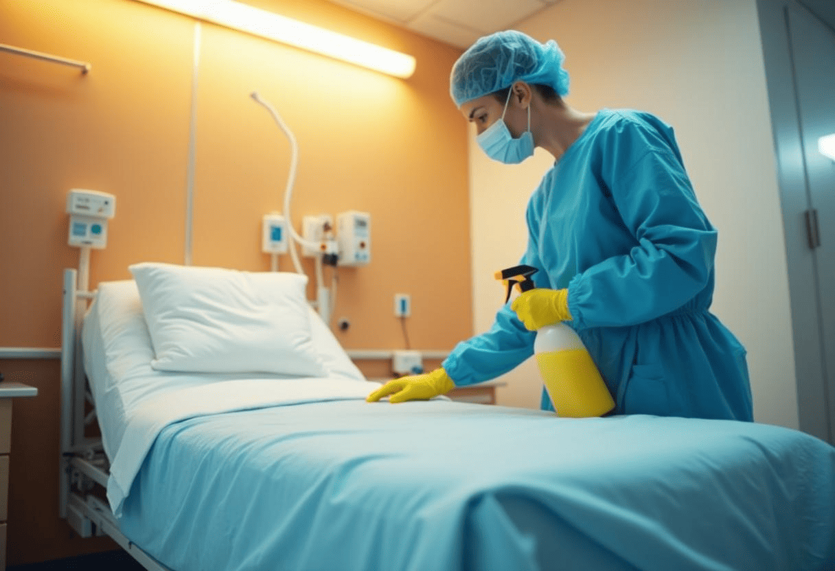 A cleaning professional sanitizing a hospital bed, following cleaning standards for healthcare facilities to ensure patient safety and hygiene.