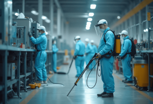 Professional industrial cleaning near me: A team of experts using advanced equipment to clean a warehouse, ensuring OSHA and CDC compliance for a spotless workspace.