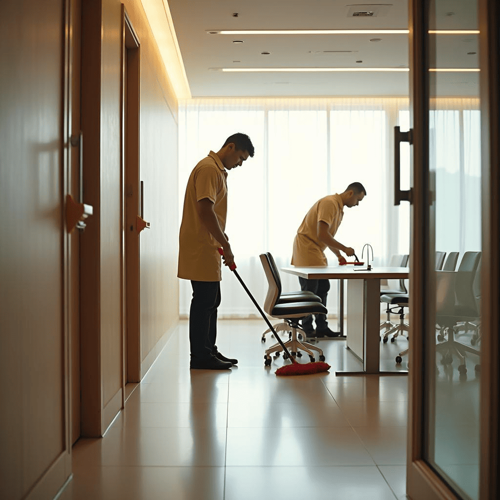 Janitor office cleaning professionals sanitizing a conference room, ensuring a germ-free and professional workplace.