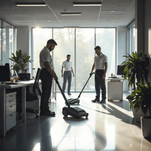 Office space being sanitized by commercial cleaning services in Allentown, PA, showing professional cleaners and bright interiors.