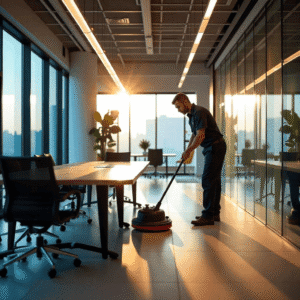 Professional janitor performing commercial cleaning services in Allentown, PA in a modern office space.