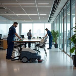 Office team delivering commercial floor cleaning services near me with scrubber machine and surface wiping in a corporate boardroom