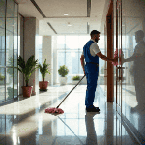 Professional janitor providing commercial cleaning services in Allentown, PA in a bright, modern office lobby
