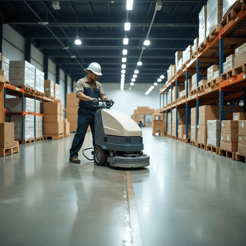 Commercial Floor Cleaning Services near me shown in action with professional equipment in a polished warehouse or retail environment.