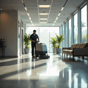 Clean office lobby floor after commercial floor cleaning services near me, with janitor using scrubber machine.