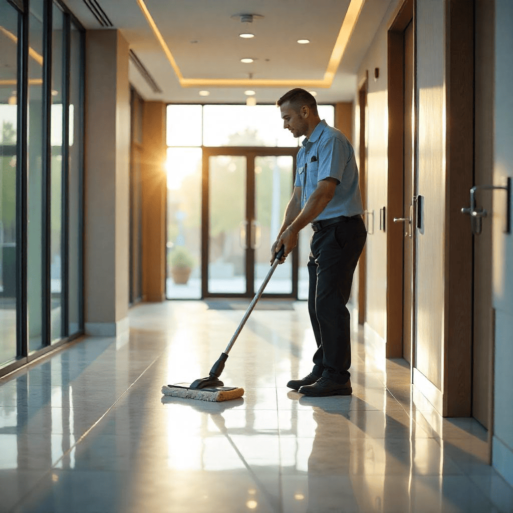 Commercial floor cleaning services near me in a modern office lobby.