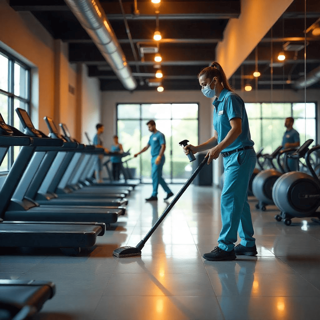 Professional gym staff providing Fitness Center Cleaning Services by sanitizing equipment and floors in a spotless workout facility.