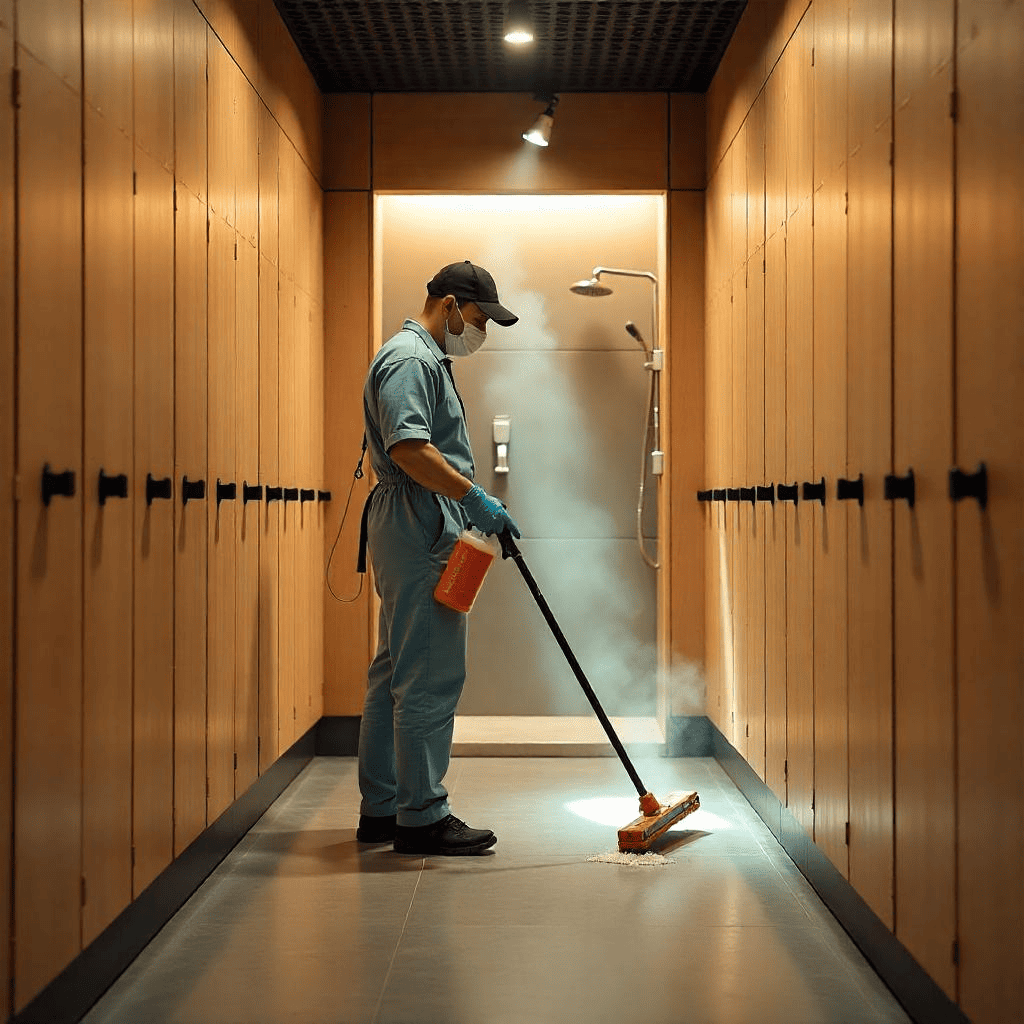 Locker room receiving expert Fitness Center Cleaning Services with cleaners disinfecting surfaces and maintaining hygiene in a boutique gym.
